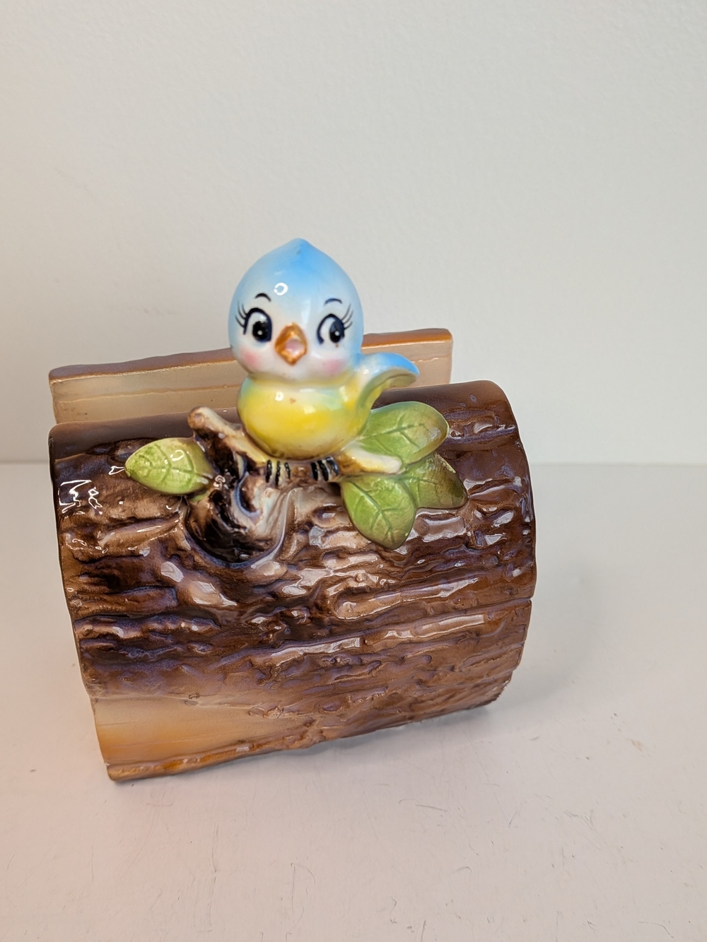 Vtg Norcrest Anthropomorphic Baby Blue Bird on Log Napkin Holder Stand Kitschy